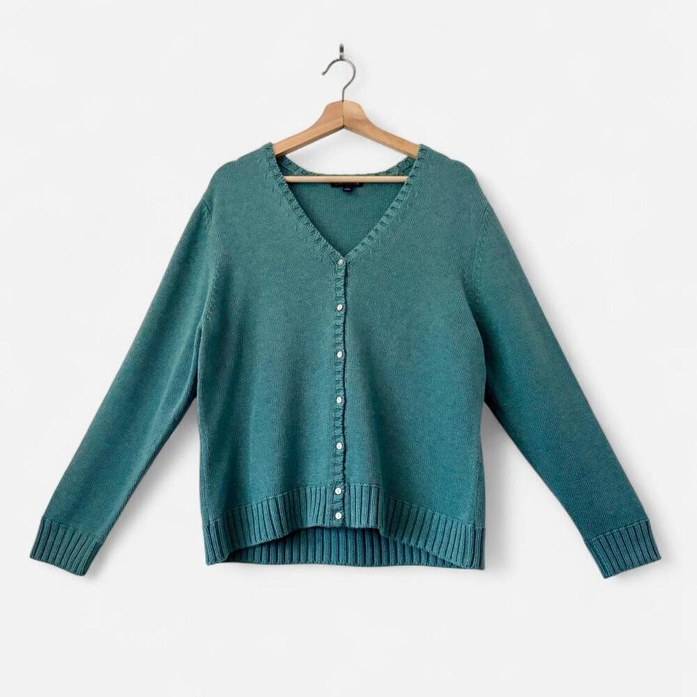 Vintage Lands End 100% Cotton Teal Fisherman Cardigan Chunky Knit Preppy Size L